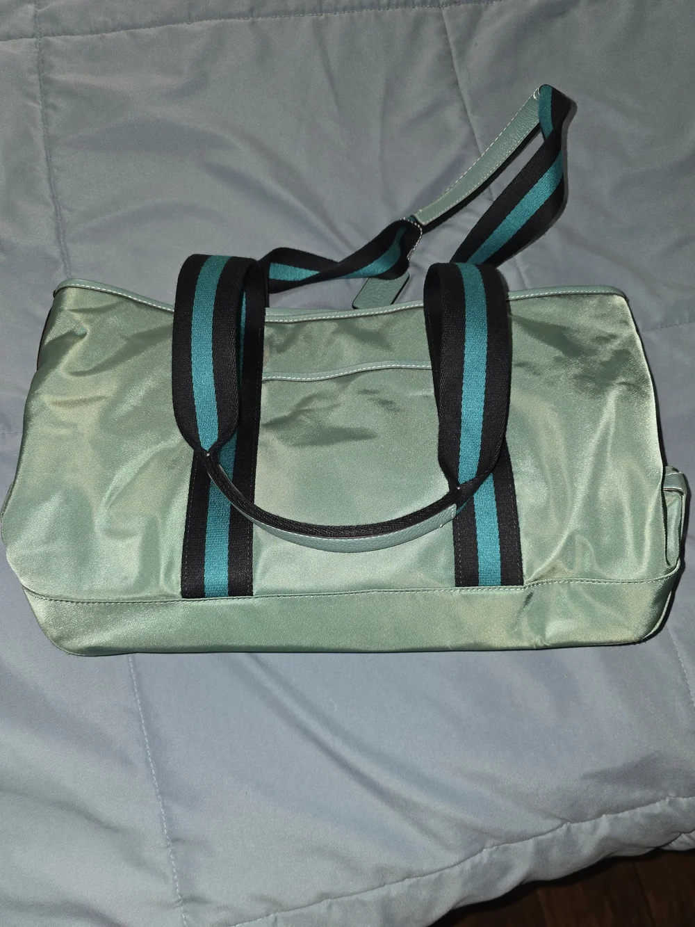 Coach Mint Green Tote with Black and Teal Striped Handles